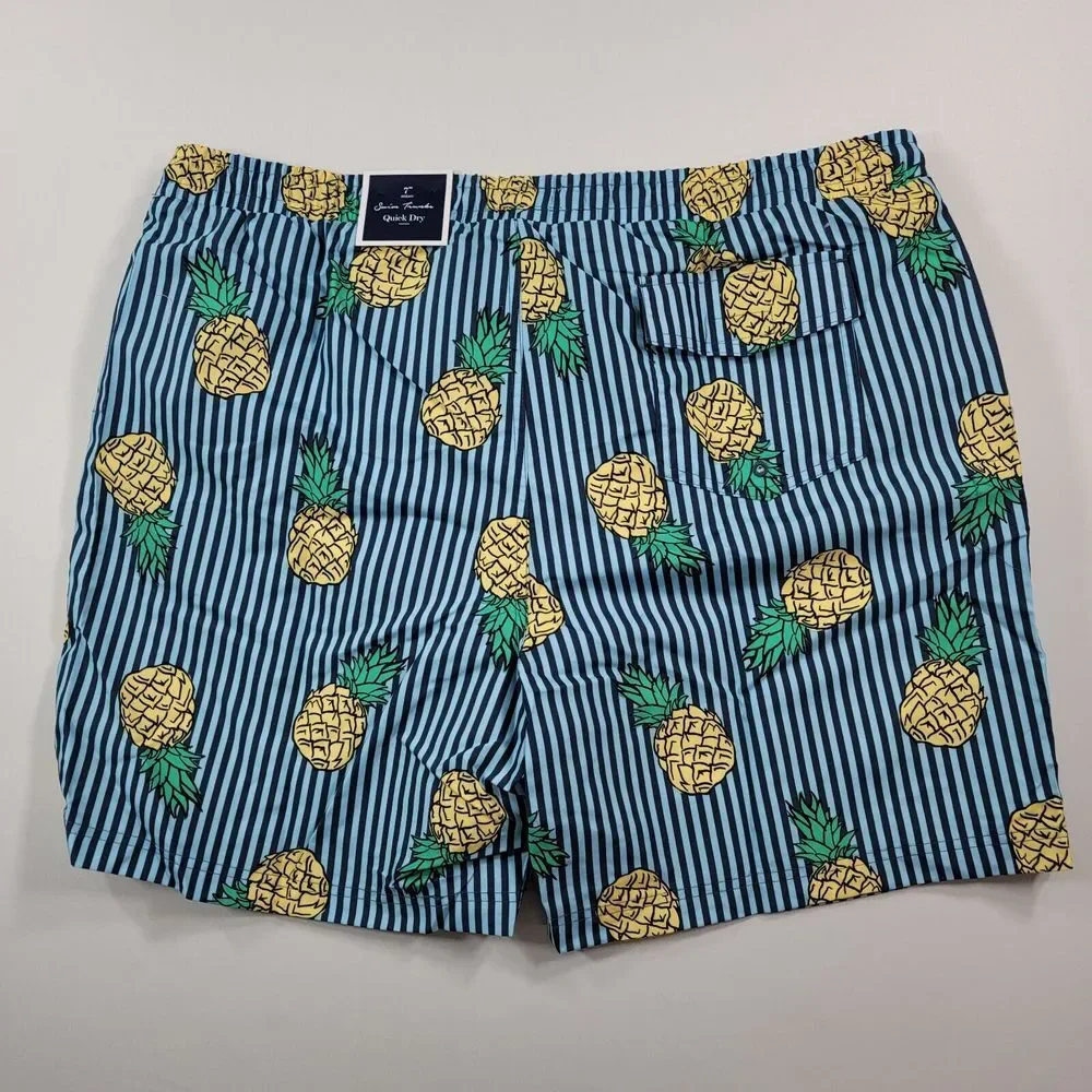 Club Room Pineapple Stripes Swim Trunks Mens 2XL Blue Quick‎ Dry Pockets $45 NEW
